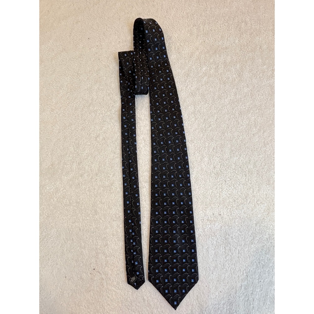 Pronto‎ Uomo Mens Silk Necktie Black Blue Silver Geometric Square Pattern Tie